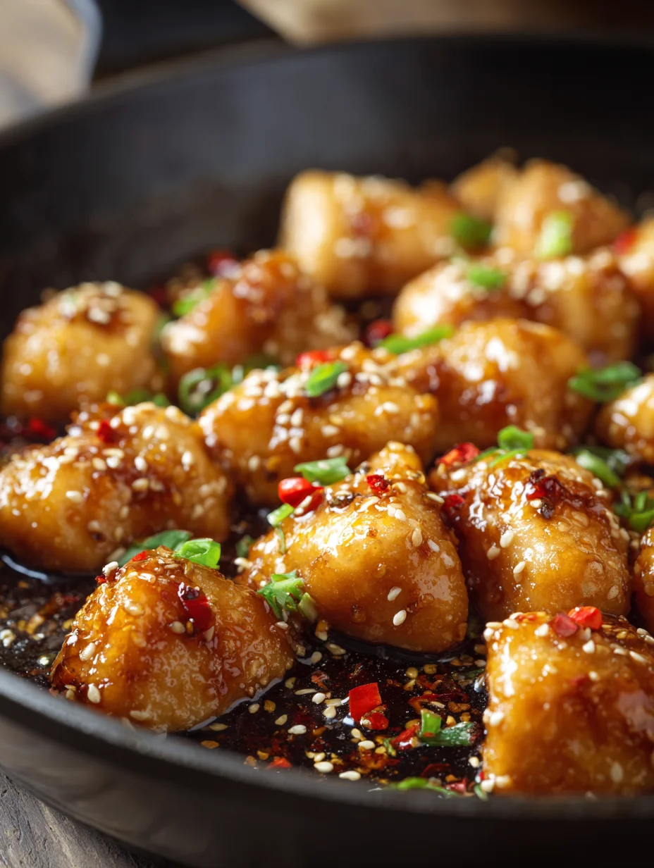 Crispy honey garlic chicken bites coated in a glossy sweet and savory sauce, topped with sesame seeds, red chili, and green onions.