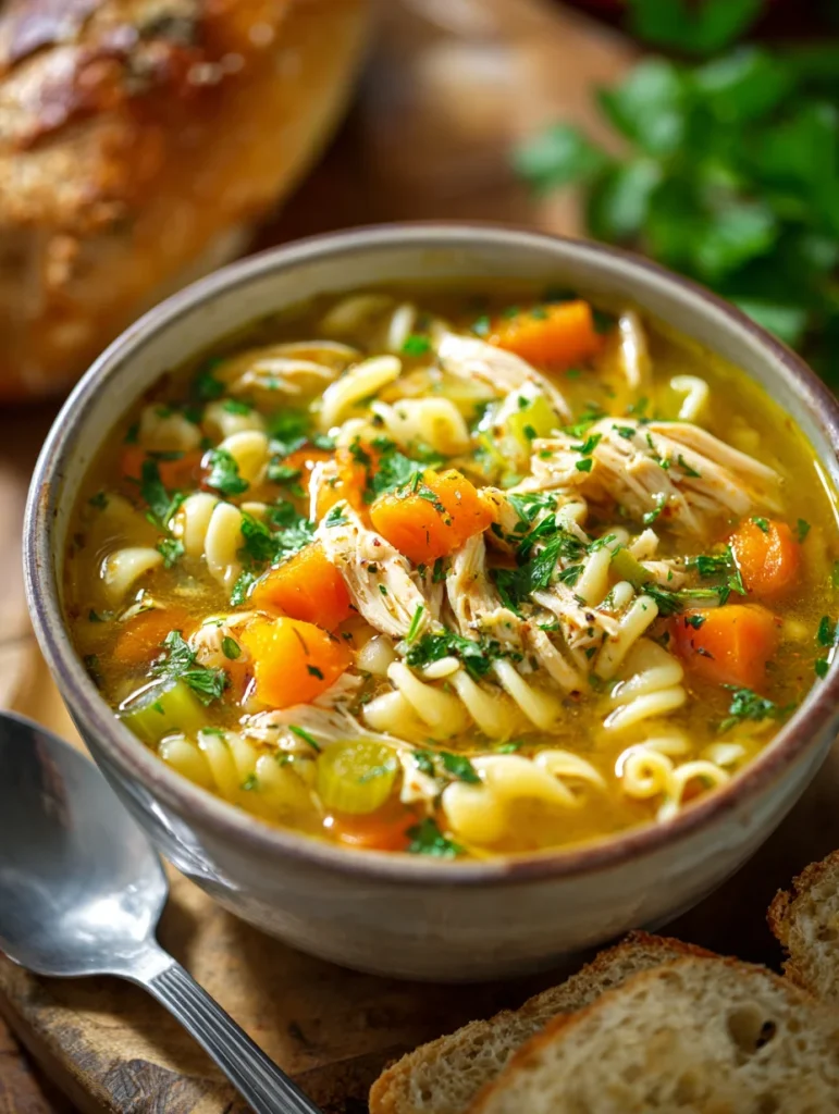 Bowl of Italian penicillin soup with rotini pasta, shredded chicken, carrots, and herbs.