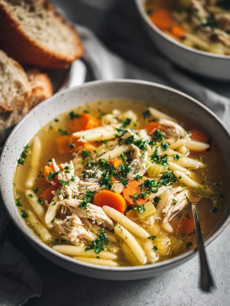 Bowl of Italian penicillin soup with shredded chicken, carrots, celery, and pasta garnished with parsley.