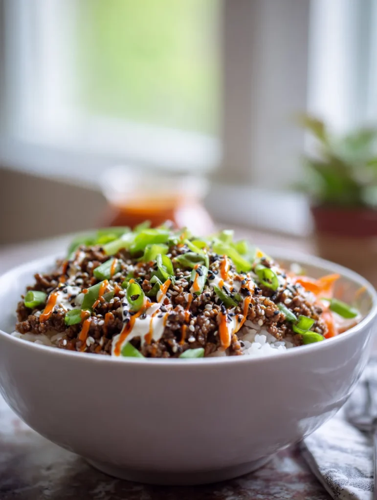 Korean ground beef bowl served with rice, topped with sesame seeds, chopped green onions, and drizzled with creamy and spicy sauces.