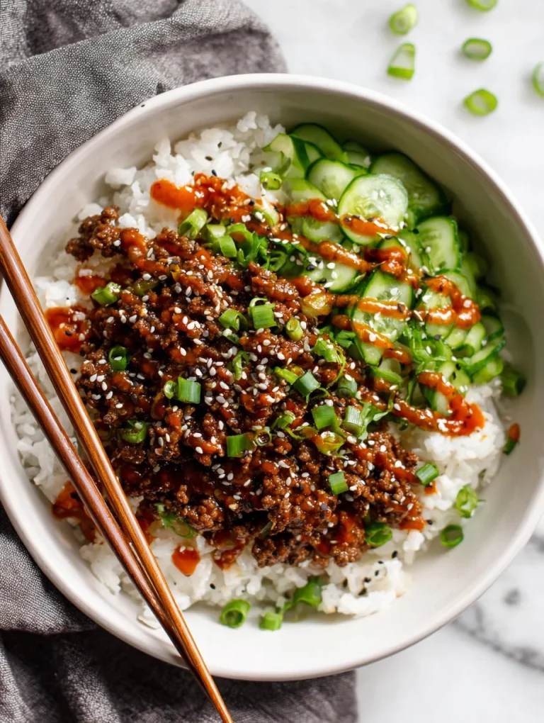 Korean ground beef bowl with white rice, sliced cucumbers, green onions, sesame seeds, and sriracha drizzle served in a white bowl.