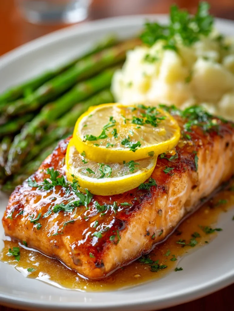 Maple Dijon glazed salmon topped with lemon slices and parsley, served with mashed potatoes and roasted asparagus on a white plate.