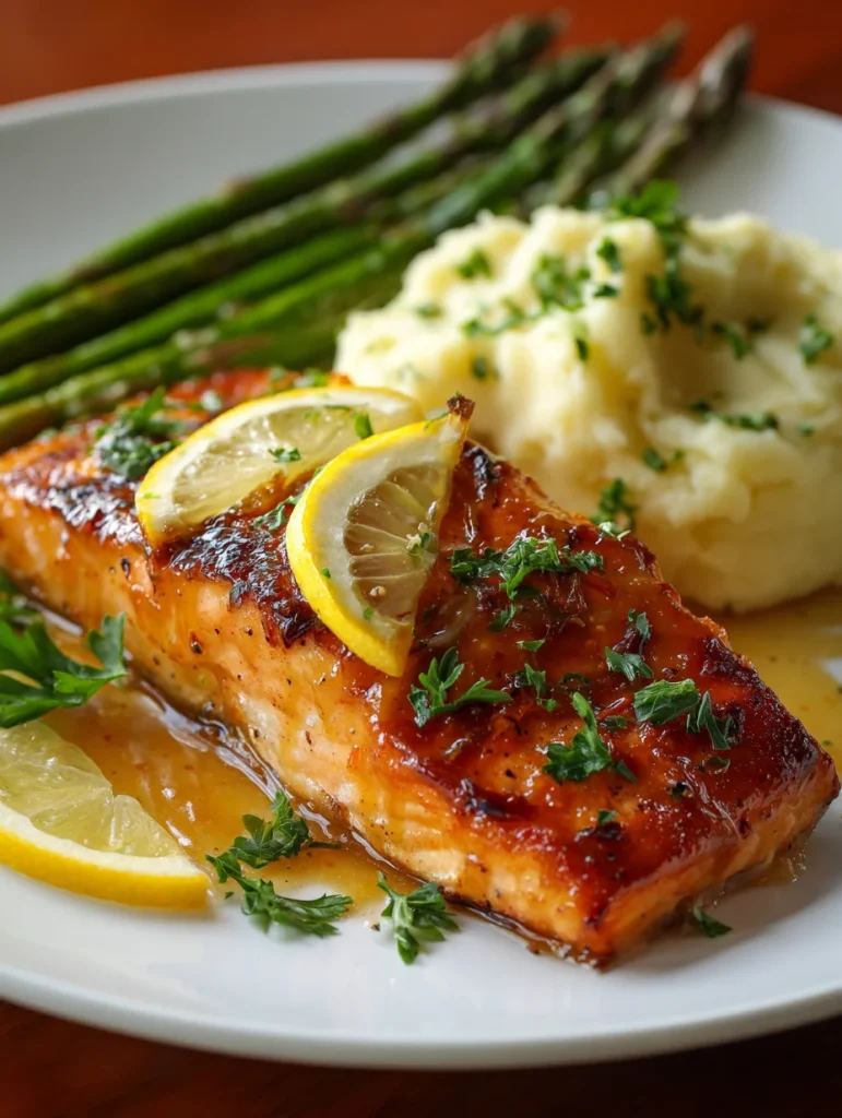 Glazed salmon fillet topped with lemon slices and parsley, served with creamy mashed potatoes and roasted asparagus.