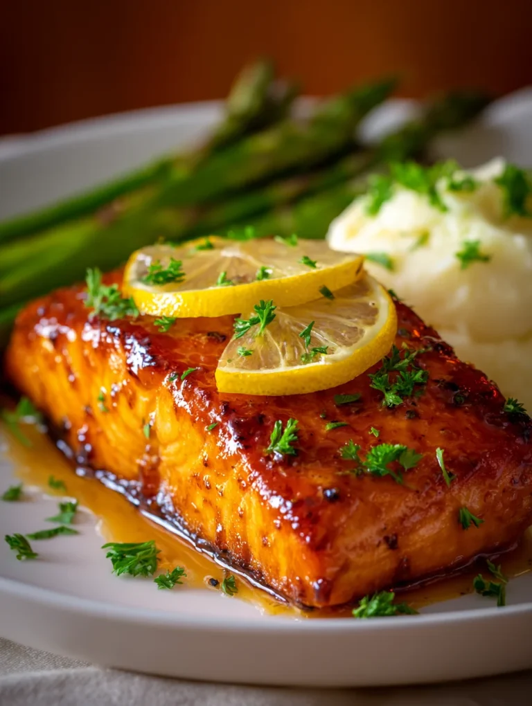Perfectly glazed maple Dijon salmon fillet topped with lemon slices and parsley, served with mashed potatoes and roasted asparagus.