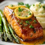 Maple Dijon glazed salmon topped with lemon slices and parsley, served with mashed potatoes and roasted asparagus on a white plate.