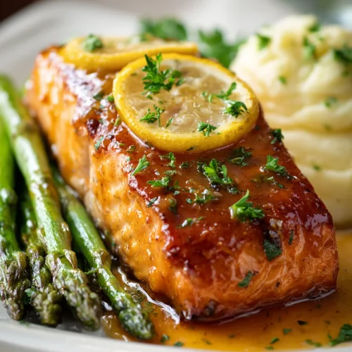 Maple Dijon glazed salmon topped with lemon slices and parsley, served with mashed potatoes and roasted asparagus on a white plate.