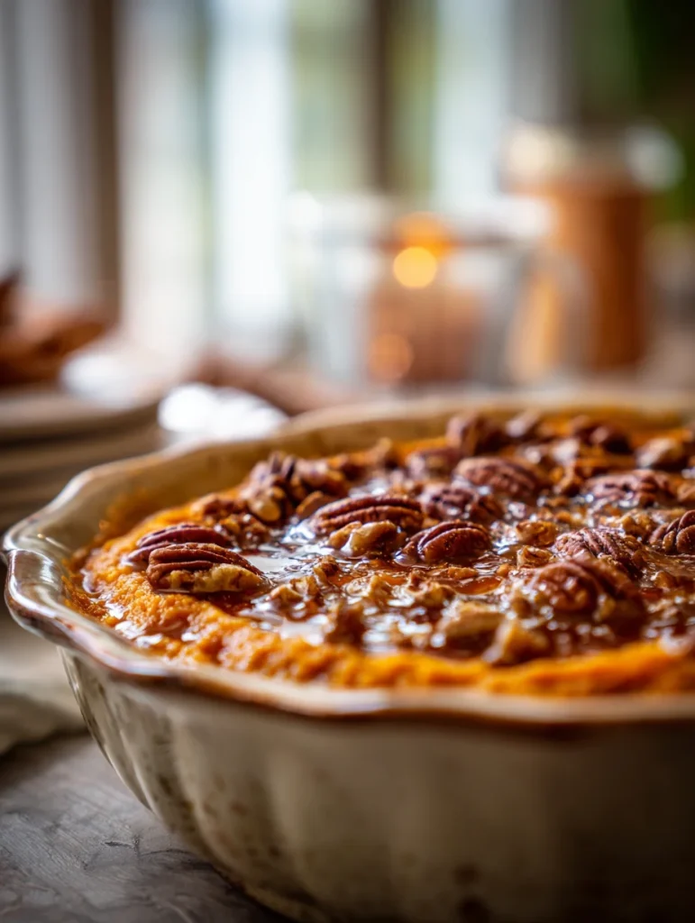 Homemade maple sweet potato casserole with caramelized pecan topping in a rustic baking dish.