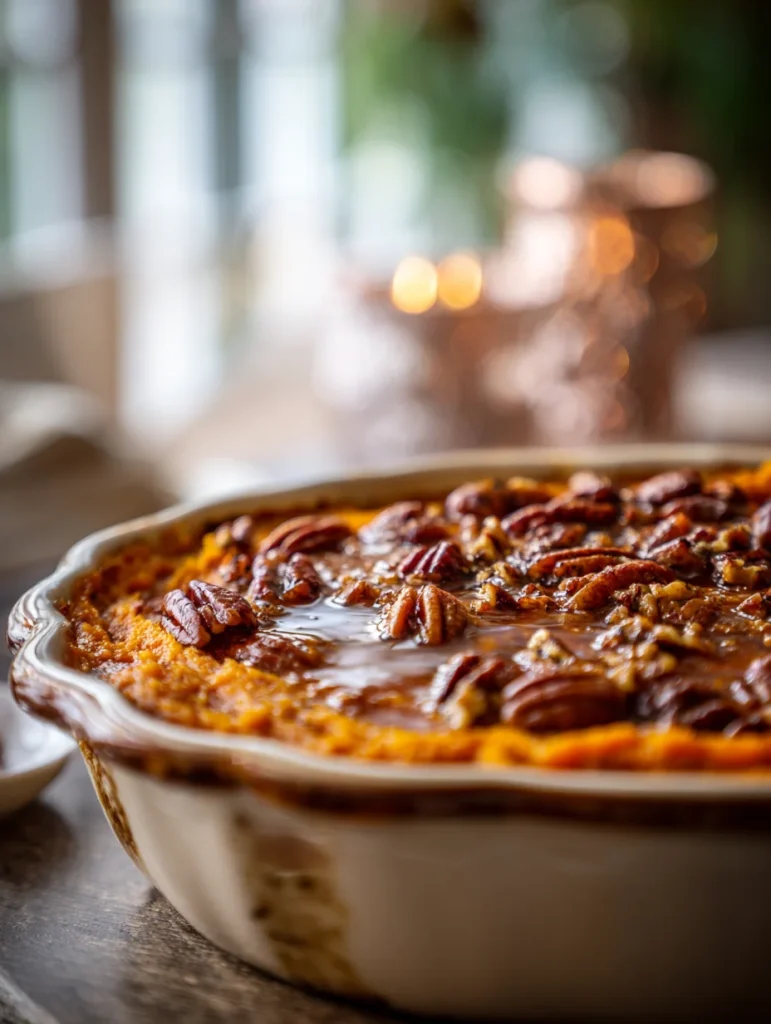Golden maple sweet potato casserole topped with glazed pecans in a rustic ceramic baking dish.