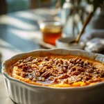 Maple sweet potato casserole topped with toasted pecans in a white baking dish, glistening under natural sunlight.