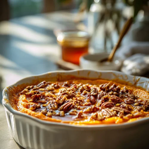 Maple sweet potato casserole topped with toasted pecans in a white baking dish, glistening under natural sunlight.