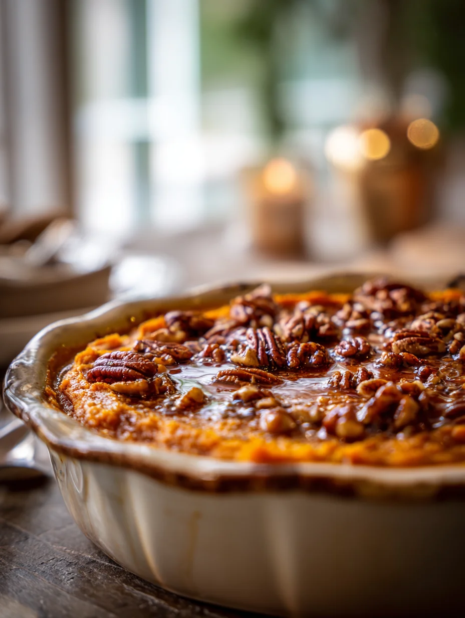 Baked maple sweet potato casserole topped with toasted pecans and a caramelized glaze in a ceramic dish.