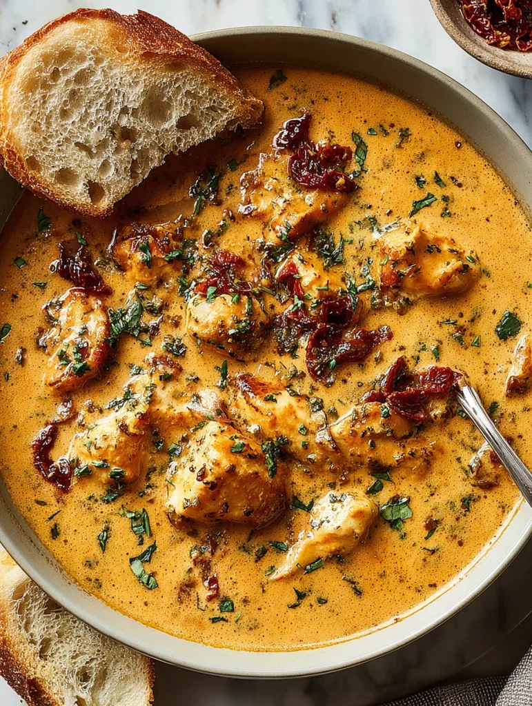 Creamy Marry Me Chicken Soup with sun-dried tomatoes and herbs served with crusty bread.