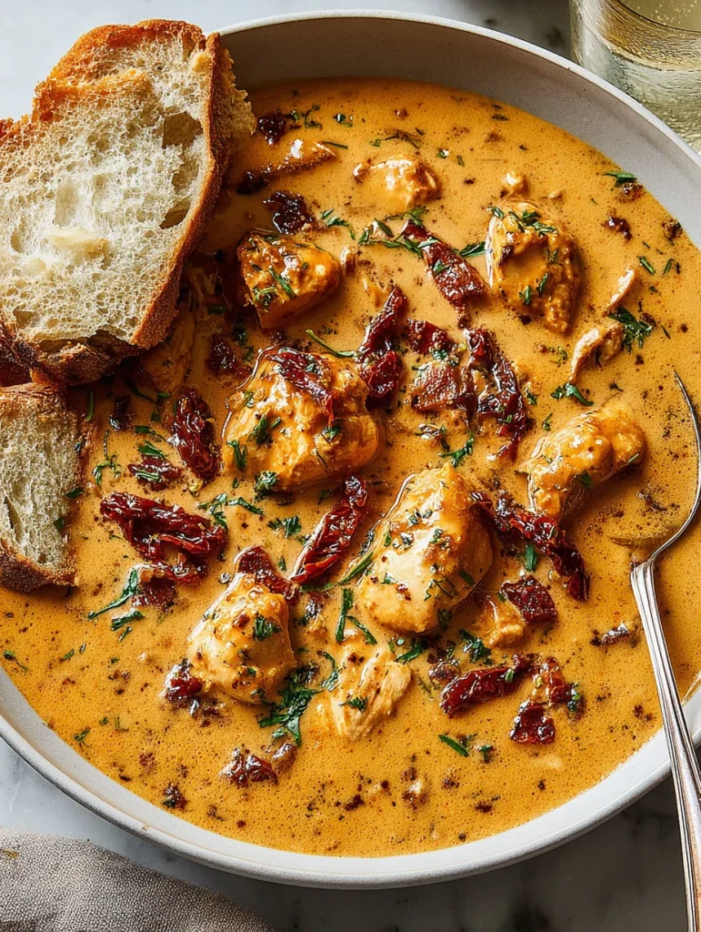 Bowl of creamy Marry Me Chicken Soup with chicken chunks, sun-dried tomatoes, and herbs.