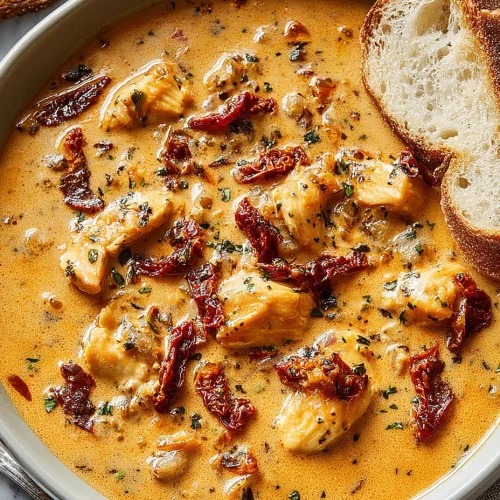 Creamy Marry Me Chicken Soup with sun-dried tomatoes, herbs, and crusty bread slices.