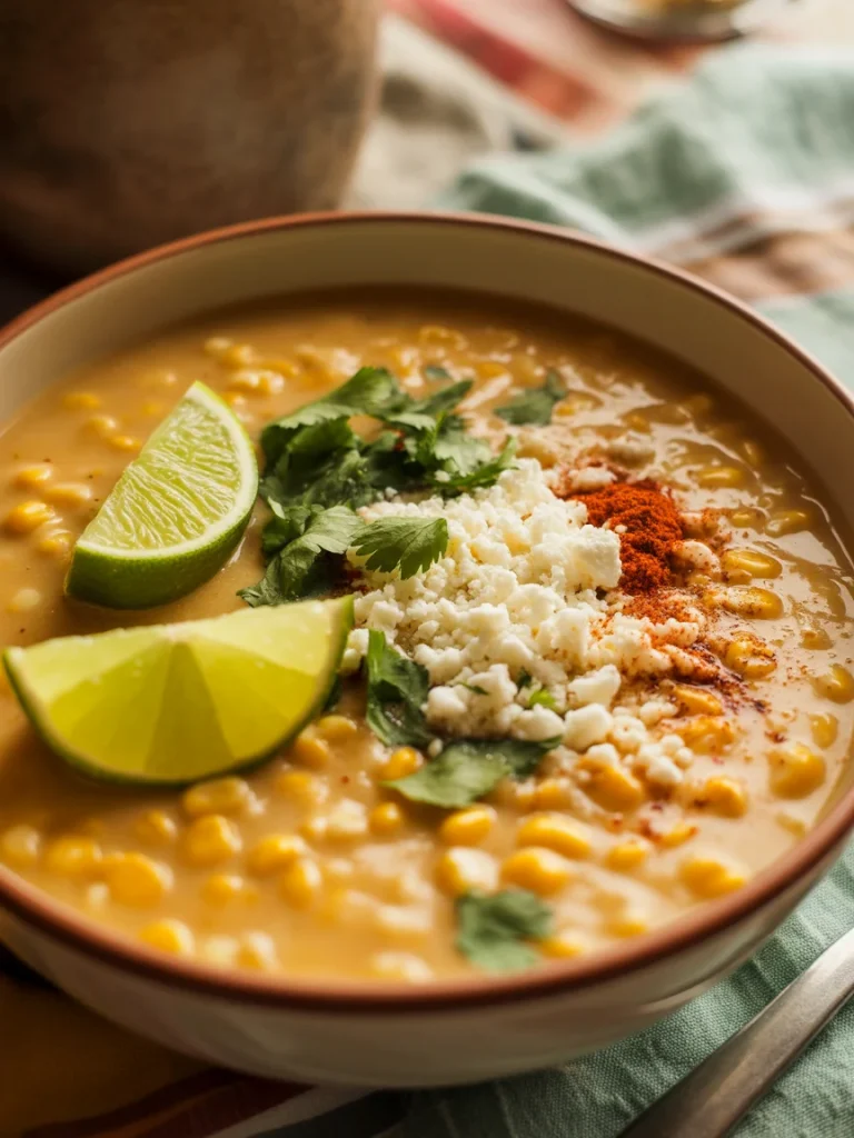Creamy Mexican street corn soup topped with cotija cheese, cilantro, paprika, and lime wedges in a rustic bowl.