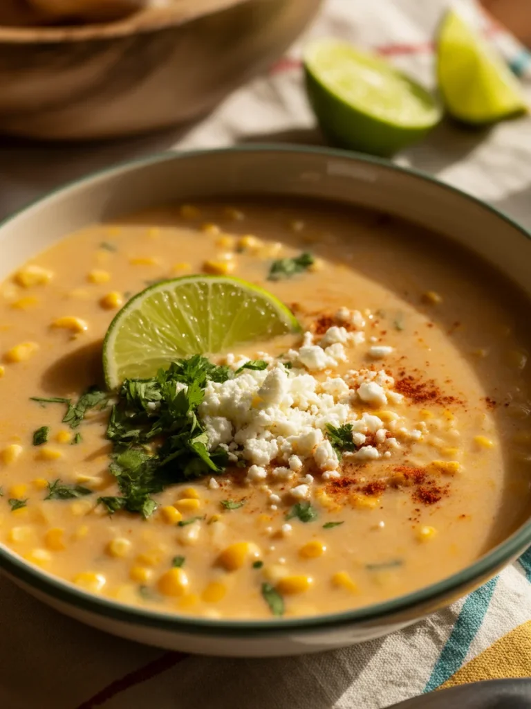 Creamy Mexican street corn soup with cotija cheese, cilantro, paprika, and a lime wedge in a rustic bowl.