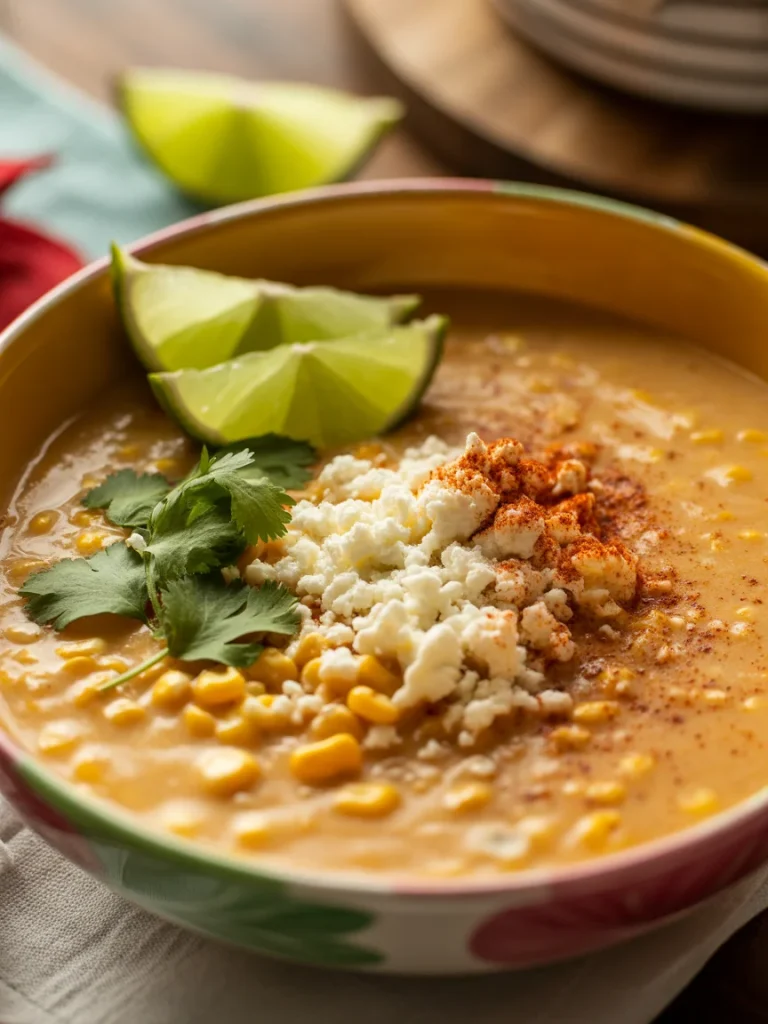 Bowl of creamy Mexican street corn soup topped with cotija cheese, cilantro, paprika, and lime wedges.