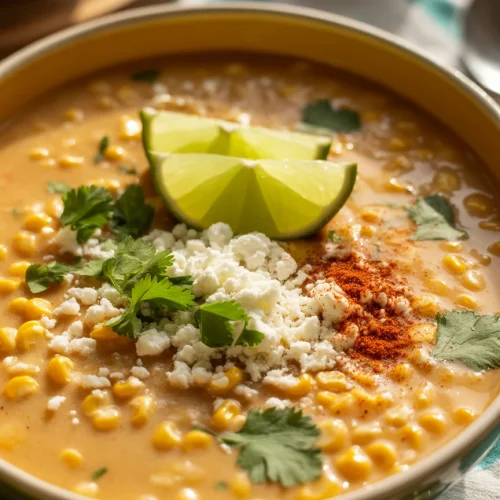Mexican street corn soup topped with cotija cheese, cilantro, paprika, and lime wedges in a rustic bowl.