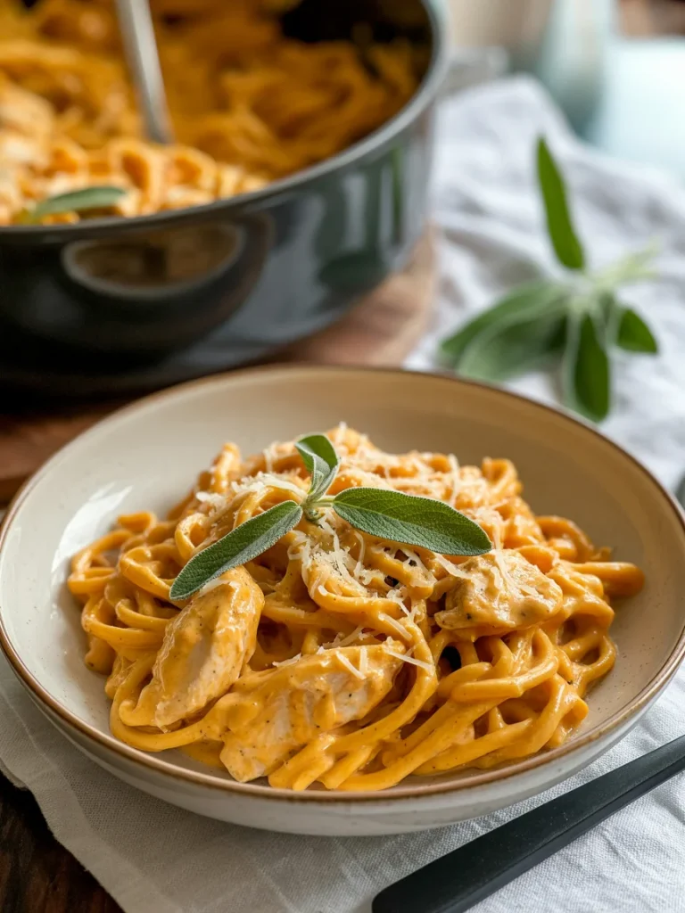 A creamy pumpkin chicken pasta dish topped with grated Parmesan and fresh sage, served in a bowl with a pot of pasta in the background.