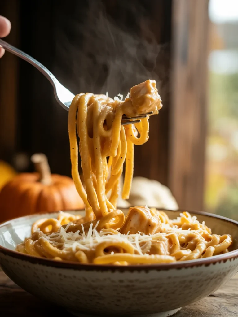 A steaming bowl of creamy pumpkin chicken pasta topped with grated Parmesan, with a fork lifting a bite of noodles and chicken.