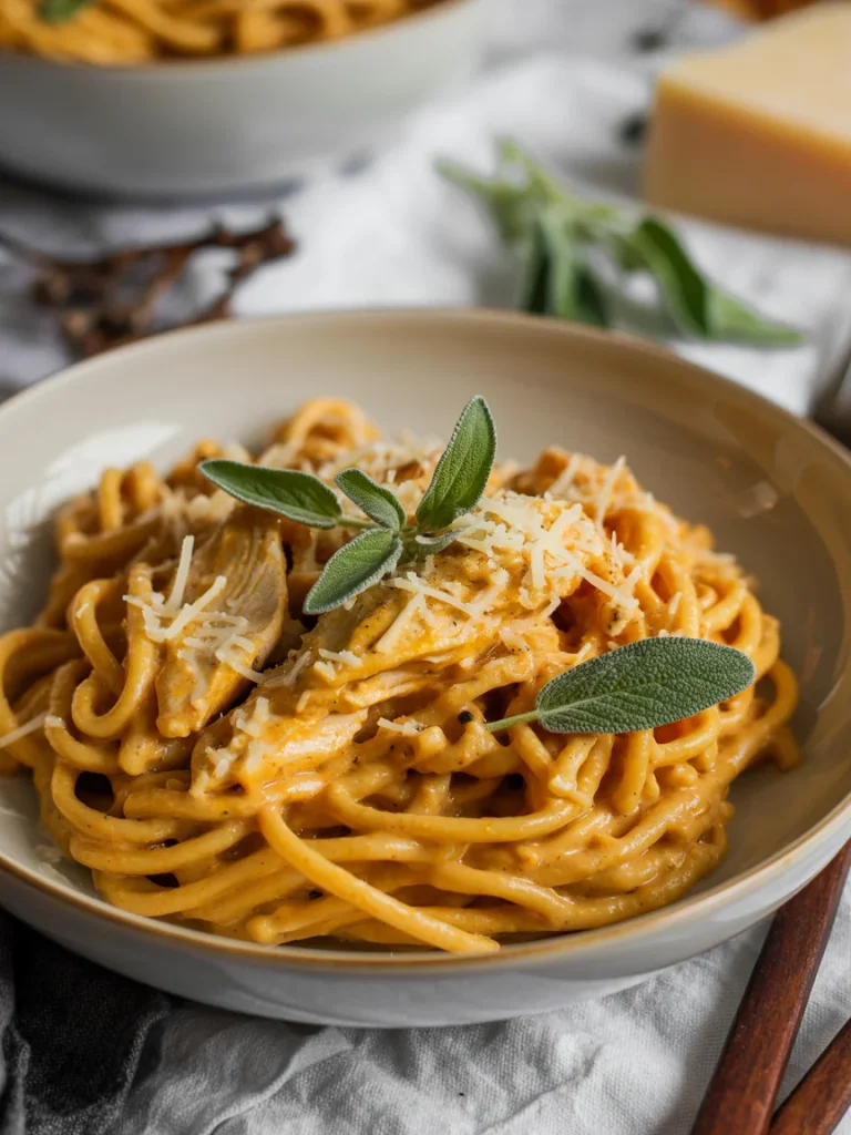 A creamy bowl of pumpkin chicken pasta topped with grated Parmesan cheese and fresh sage leaves.