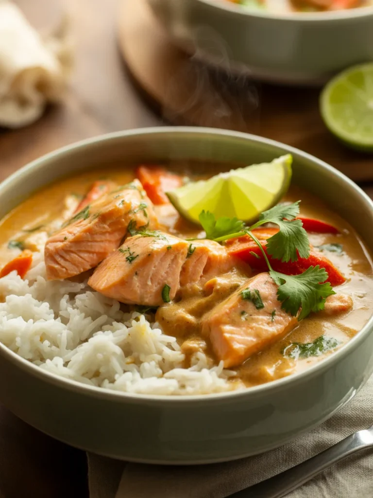 Bowl of creamy salmon coconut curry with white rice, lime wedges, and cilantro garnish.