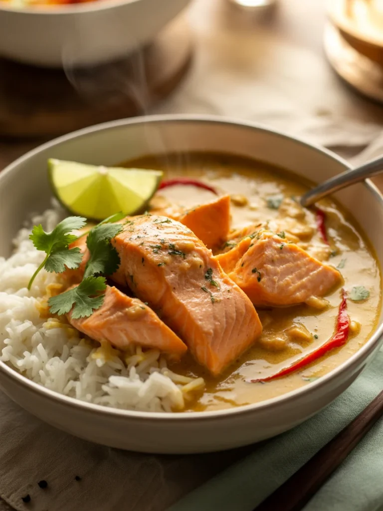 Salmon coconut curry served with jasmine rice, garnished with lime, cilantro, and red chili slices.