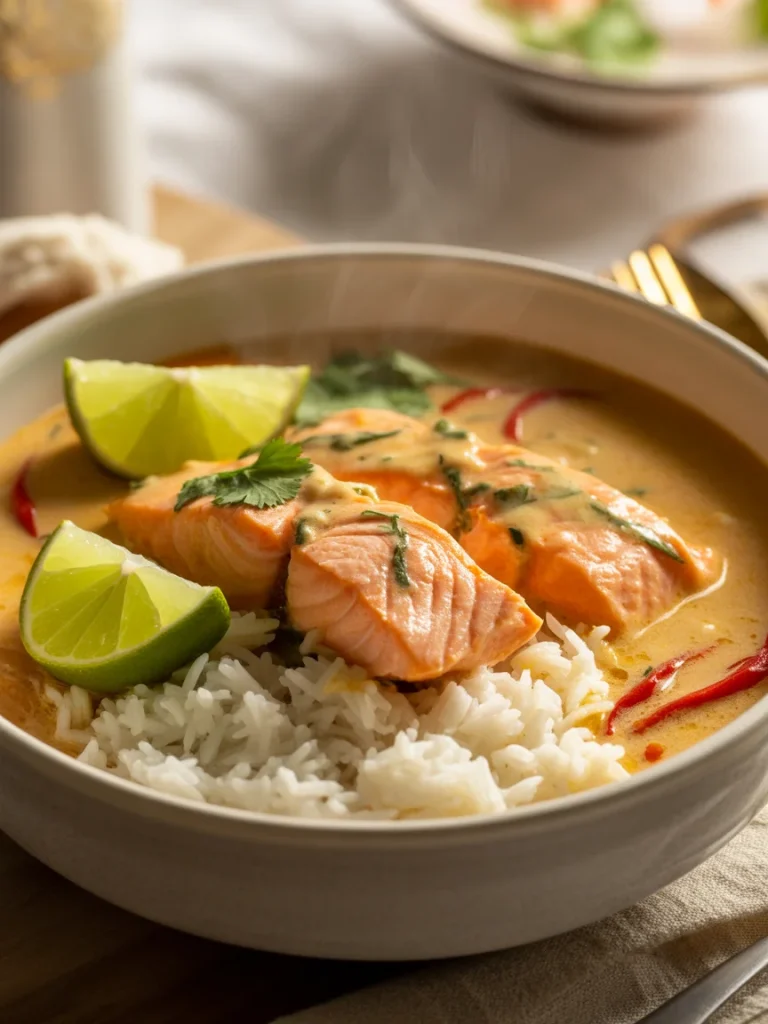 Bowl of salmon coconut curry served with steamed jasmine rice, garnished with lime wedges and cilantro.