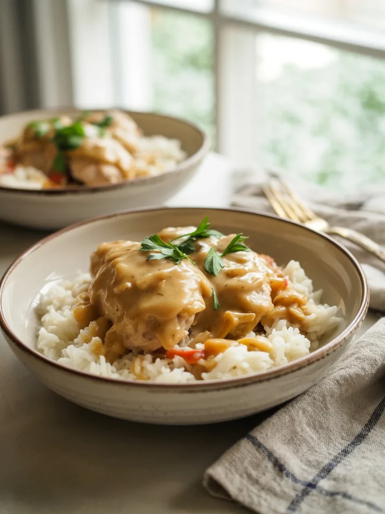 A hearty bowl of smothered chicken served over steamed white rice, topped with creamy gravy and garnished with fresh parsley.