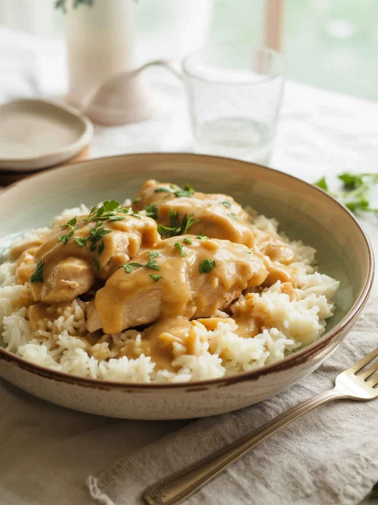 A warm bowl of smothered chicken served over white rice, topped with creamy gravy and fresh parsley for garnish.