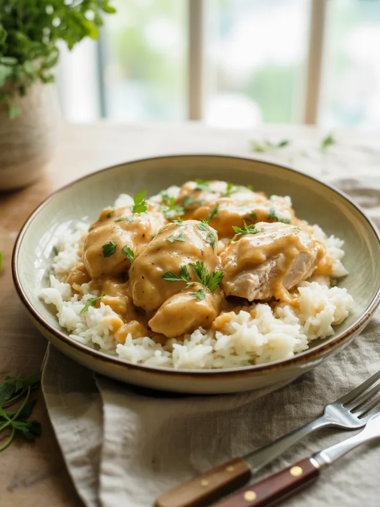 A comforting bowl of smothered chicken served over fluffy white rice, topped with creamy gravy and garnished with fresh parsley.