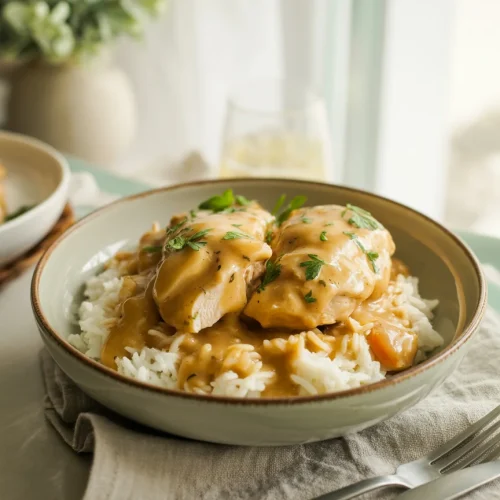 A bowl of smothered chicken served over fluffy white rice, topped with creamy golden gravy and garnished with fresh parsley.