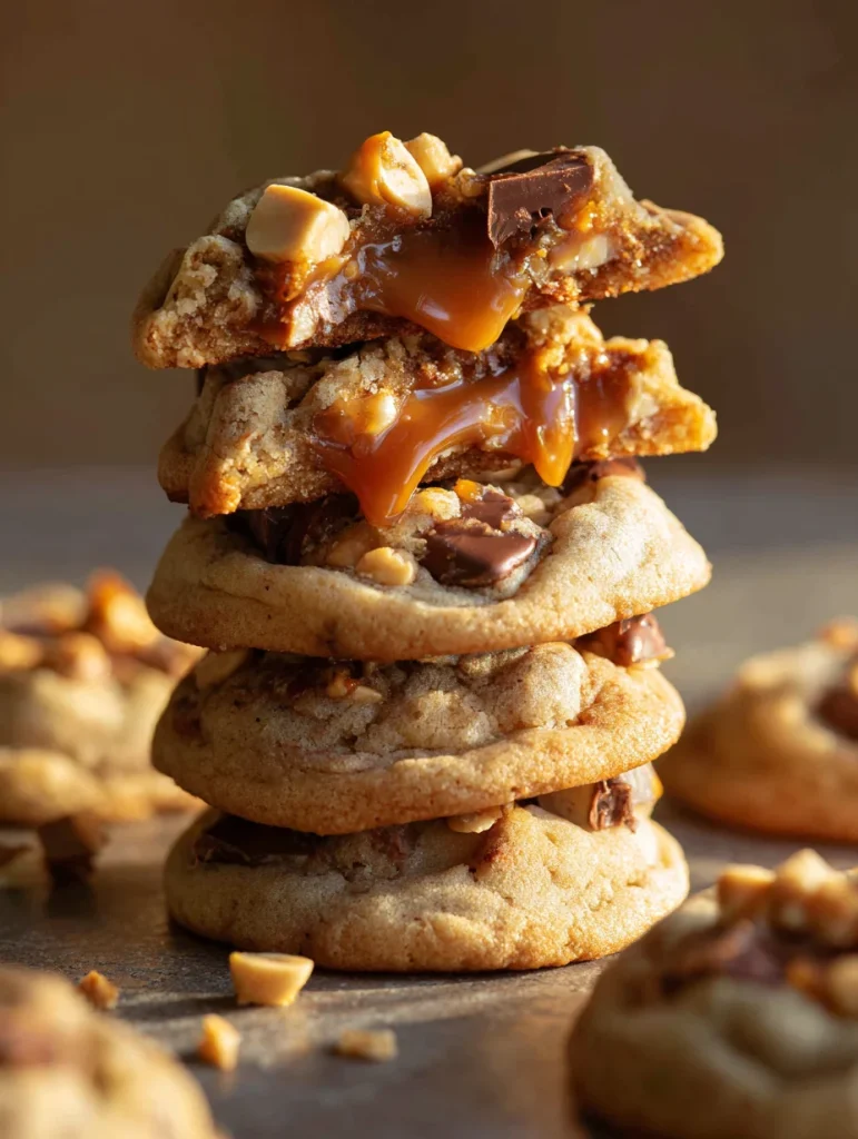 Stack of gooey Snickers cookies with melted caramel, chocolate chunks, and peanuts oozing from the center.
