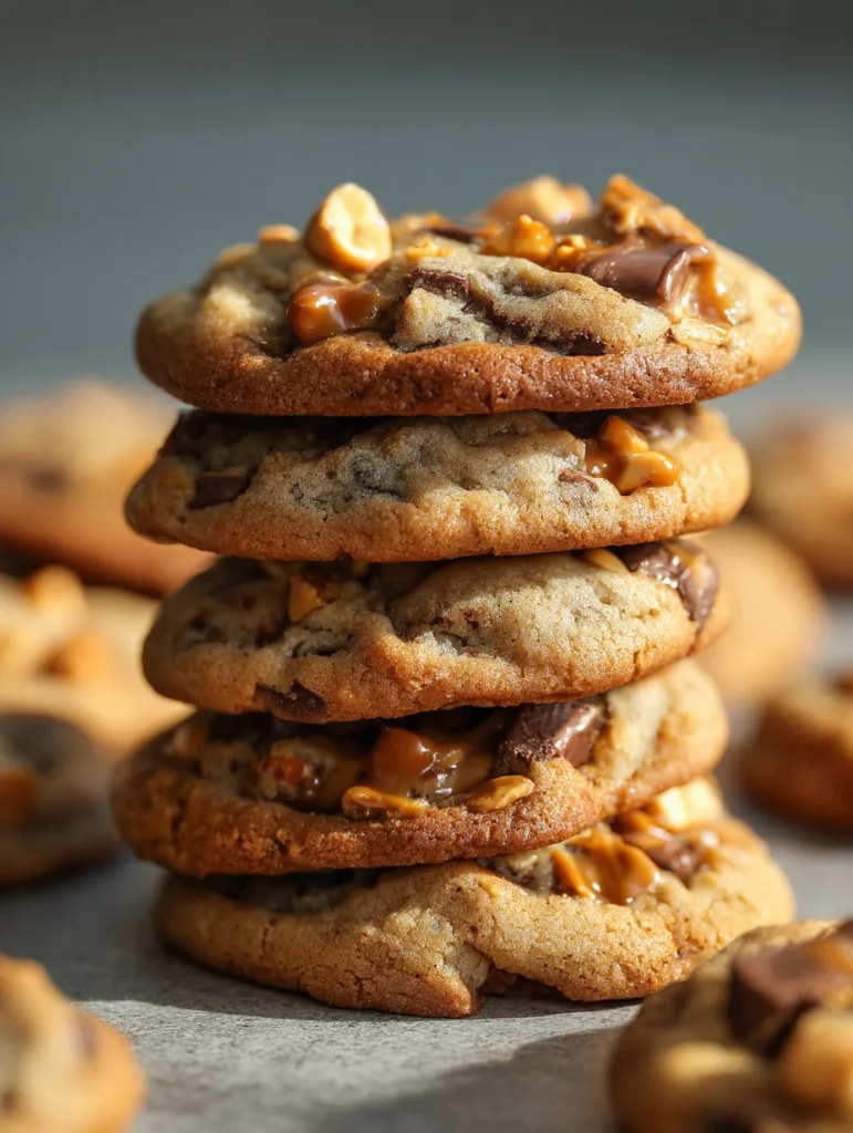 Stack of freshly baked Snickers cookies with golden edges, chocolate chunks, caramel, and peanuts.