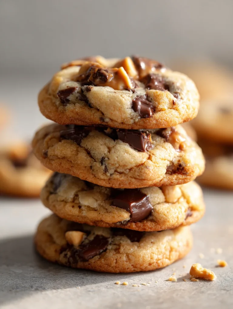 Stack of soft and chewy Snickers cookies filled with melted chocolate chunks and caramel pieces.