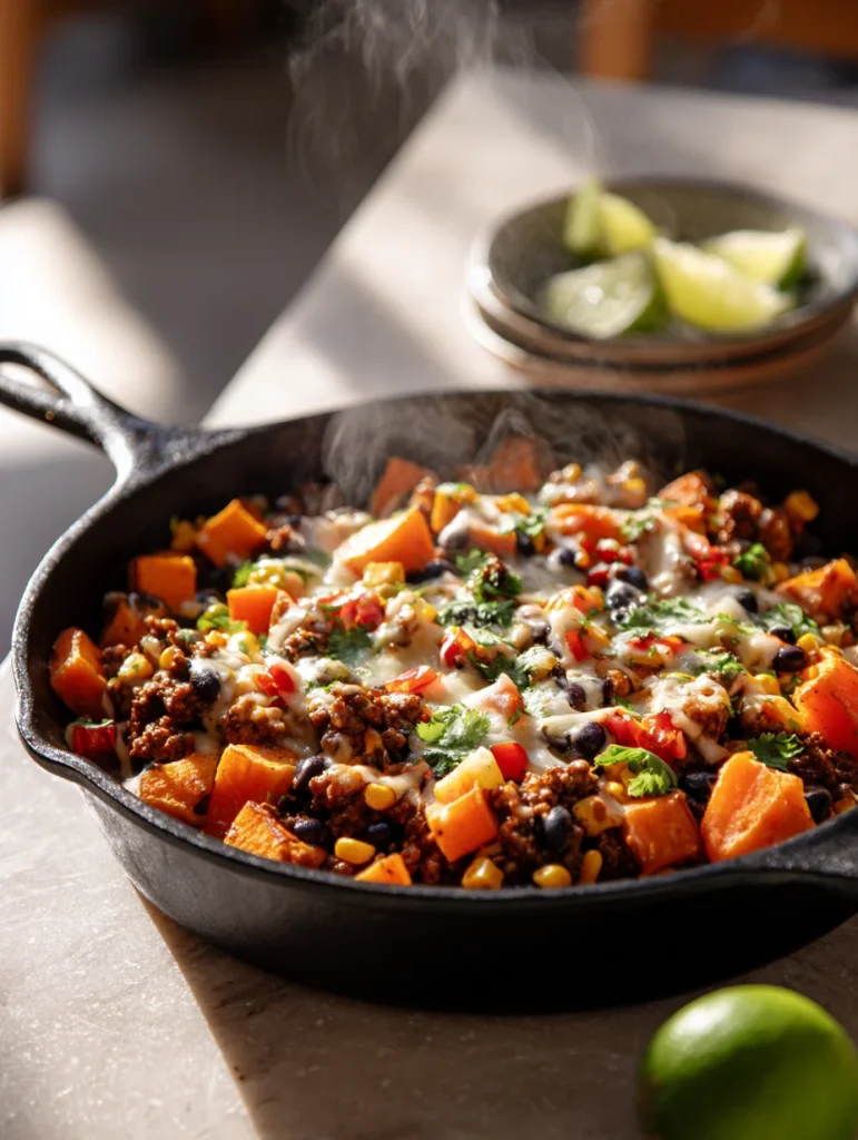Hot skillet of Southwest ground beef and sweet potato mixture with melted cheese, black beans, corn, and cilantro.