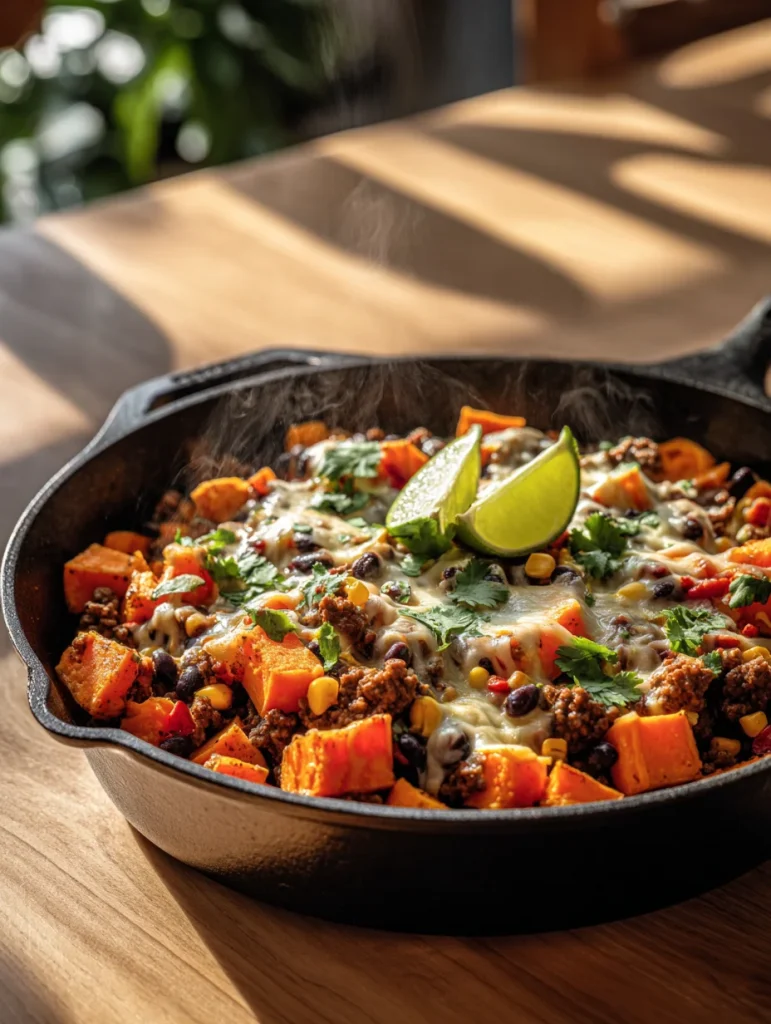 Southwest ground beef and sweet potato skillet with melted cheese, black beans, corn, and lime wedges in a cast-iron pan.