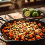 Hot skillet of Southwest ground beef and sweet potato skillet with melted cheese, black beans, corn, and fresh herbs.