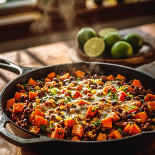 Hot skillet of Southwest ground beef and sweet potato skillet with melted cheese, black beans, corn, and fresh herbs.