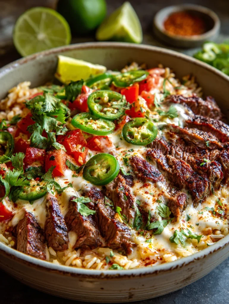 Bowl of queso rice topped with sliced steak, melted cheese, diced tomatoes, jalapeño slices, cilantro, and lime wedges.