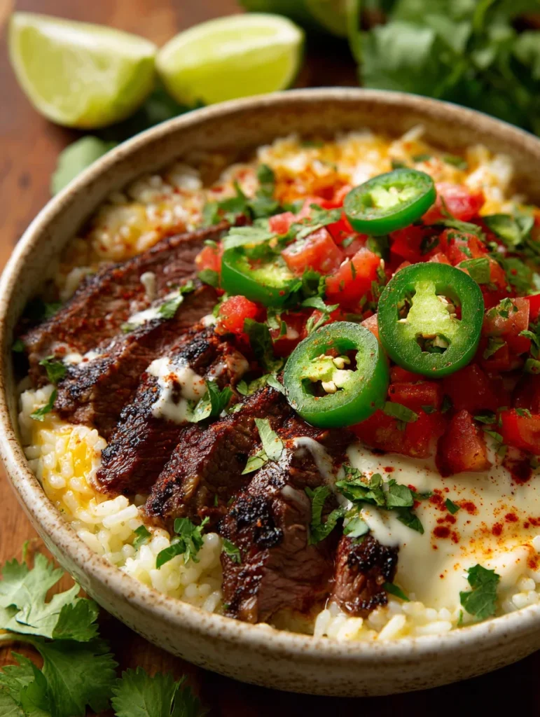 Bowl of creamy queso rice topped with grilled steak slices, jalapeño peppers, diced tomatoes, fresh cilantro, and lime wedges.