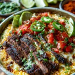 Bowl of cheesy queso rice topped with grilled steak slices, diced tomatoes, jalapeños, cilantro, and lime wedges.