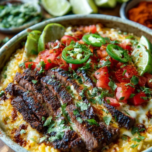 Bowl of cheesy queso rice topped with grilled steak slices, diced tomatoes, jalapeños, cilantro, and lime wedges.