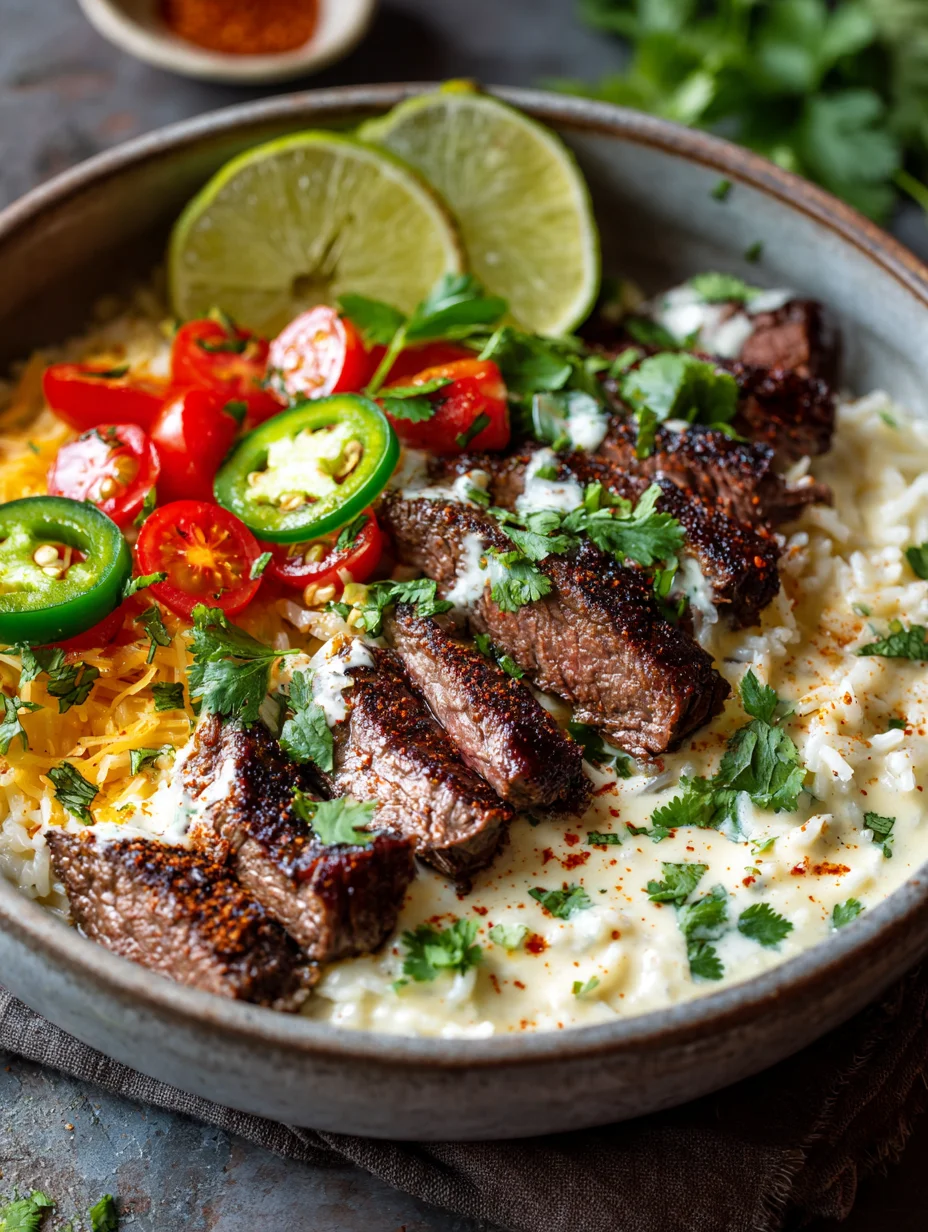 Bowl of steak and queso rice topped with sliced grilled steak, shredded cheese, tomatoes, jalapeños, lime slices, and fresh cilantro.