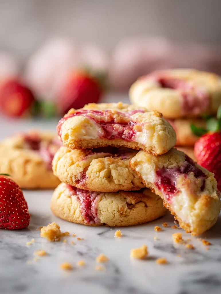 Close-up of strawberry cheesecake cookies with creamy filling and strawberry swirls, stacked on a marble surface with fresh strawberries.