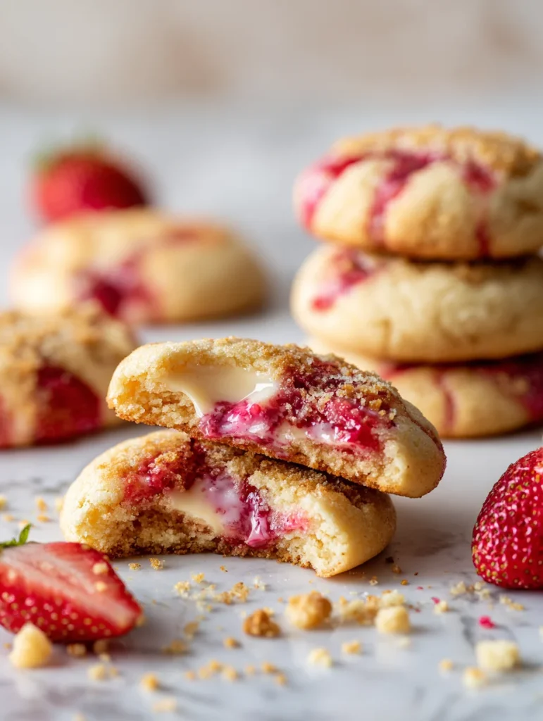 Strawberry cheesecake cookies with gooey cream cheese filling and fresh strawberry pieces, stacked and broken open on a marble surface.