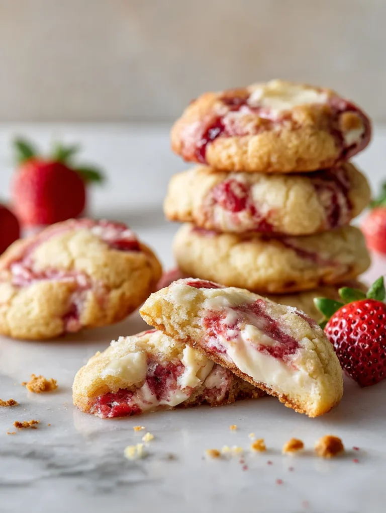 Soft strawberry cheesecake cookies with creamy cheesecake filling and swirls of strawberry jam, stacked on a marble surface with fresh strawberries.