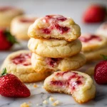 Soft strawberry cheesecake cookies with creamy centers and swirls of strawberry filling, stacked on a marble surface with fresh strawberries.