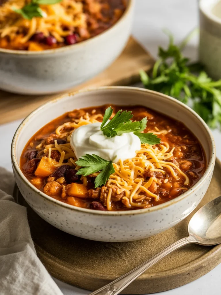 Bowl of turkey pumpkin chili topped with sour cream, shredded cheddar cheese, and fresh parsley.