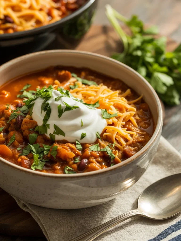 Bowl of hearty turkey pumpkin chili topped with sour cream, shredded cheese, and chopped parsley.